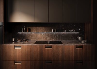 Bei der Linie „Concept Q“ vereinen sich Griff und Tür zu einer ästhetischen Einheit. Der Griff wird nicht als extra Element an der Möbelfront angebracht, sondern fügt sich ästhetisch in die wellenartige Griffmulde ein. Das passt zum Küchen Trend der organischen Formgebung. So wird der Raum zum wahren Highlight. Die Fronten sind in dem edlen Braun, aber auch in anderen Nuancen zu kaufen.