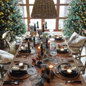 Eine warme Wintertafel im typischen Loberon-Landhausstil präsentiert sich sehr gemütlich. Typisch für den Wald-Look sind Naturholz, Tannenzweige, Zapfen und rustikale Kerzen. Das dunkle, schlichte Steinzeug-Geschirr kontrastiert wunderbar zu den hellen Leinenservietten und geflochtenen Platzsets. Die beleuchteten Weihnachtsbäume verstärken den charmanten Chalet-Look.