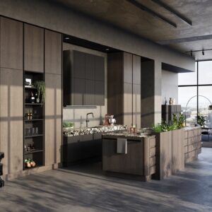 Ein echtes Statement setzt die Küche von SieMatic. Das System ermöglicht eine individuelle Planung für jede Raumsituation. Die Rückwände gehören zur Kollektion „Urban“. Ergänzt wir alles von den innovativen, eleganten Elementen, die mit ihren Rundungen dem Look eine eigene Note verleihen. Die Linie „SG6“ hat die Rundungen als prägnantes Kennzeichen. Die Optik wurde aus der Natur abgeleitet. Das System bietet viel Stauraum.