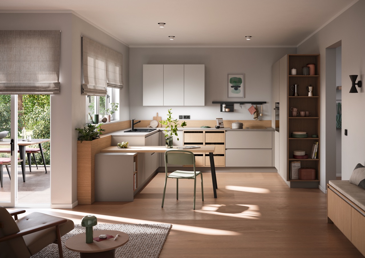 Küche „Aura“ von Häcker mixt die Fronten mit Holz und Schwarz. Hinzu kommt Soft-Green als frischer Partner, der alles noch luftiger wirken lässt. Dennoch ist Cloud Dancer der Star, da alles sehr dezent gewählt wurde.