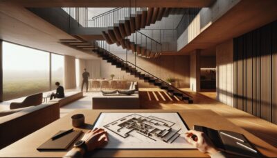 Sichtbetontreppe in einem offenen Wohn- und Küchenbereich.