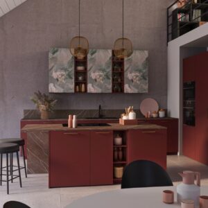 Eine gute Alternative zu einem Bild an der Wand sind die blumigen Fronten aus der Serie „Concrète-Flower“ von Schmidt Küchen. Richtig schön sehen dazu die hübsch arrangierten Trockenblumen aus, die das ganze Jahr über auf der Arbeitsfläche stehen können.