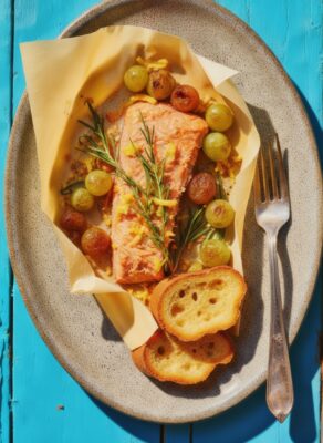 Lachs mit Ingwer en Papilotte. Foto: Den Gamle Fabrik