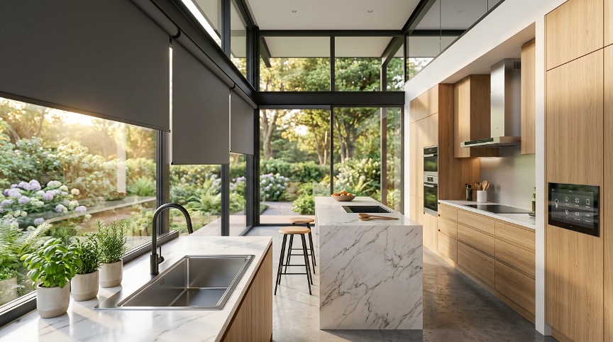 Wer in seiner Küche smarte Fenster und Rollläden integriert, gewinnt nicht nur Komfort, sondern spart langfristig auch Energie. | KÜCHEN JOURNAL Wer in seiner Küche smarte Fenster und Rollläden integriert, gewinnt nicht nur Komfort, sondern spart langfristig auch Energie.