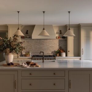 Ton in Ton gehalten ist das Styling der edlen Landhausküche mit Statement-Insel. Ein Hingucker sind die goldfarbenen runden und länglichen Griffe von Armac Martin.