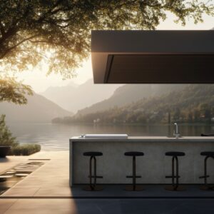 Eine teils überdachte Lösung hält nicht nur Regen, Wind und Sonne etwas ab, sie schafft dadurch mehr Wohnlichkeit. Hochwertige Materialien, klare Linien und Formen strukturieren die Küche „Infinity“. An der Insel mit Bar-Charakter können die Gäste direkt beim Kochen zuschauen. Die Metallhocker „Zero“ haben eine praktische Fußstützte, alles von OCQ.