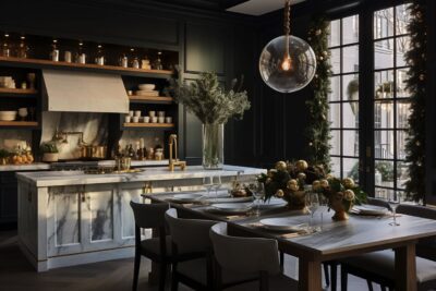 Wer es mag, kann die Küche ganz opulent dekorieren. Das erreicht man mit üppigen Blumen-Arrangements und einer Tannen-Girlande mit goldenen Kugeln. Der Look passt am besten in eine sehr elegante Küche, von Superdwell.